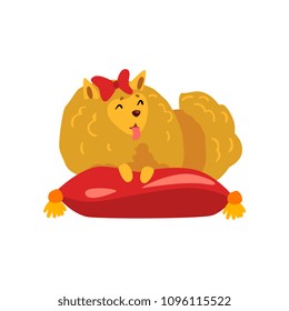 Pomeranian spitz dog character sleeping on red pillow cartoon vector Illustration on a white background