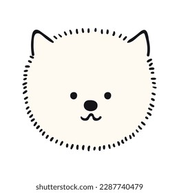 Pomeranian spitz dog, puppy face cute funny cartoon character illustration. Hand drawn vector, isolated. Line art. Domestic animal logo. Design concept pet food, branding, business, vet, print, poster