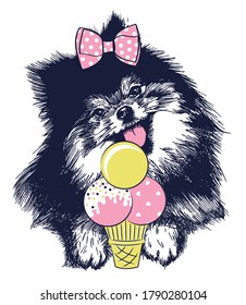 Pomeranian spitz dog puppy hand drawn with icecream vector illustration