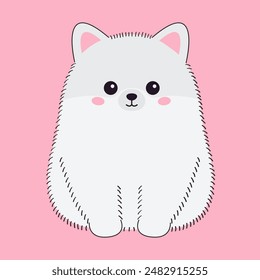 Pomeranian Spitz dog sitting. White puppy face head line contour silhouette icon. Doodle animal pet icon. Cute kawaii cartoon funny character. Adopt concept. Flat design. Pink background. Vector