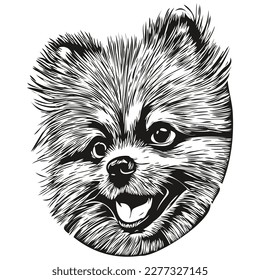 Pomeranian spitz dog vector illustration, hand drawn line art pets logo black and white
