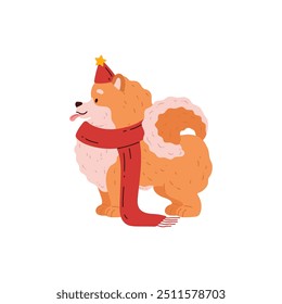 Pomeranian Spitz. Happy fluffy dog standing profile. A small puppy in a red hat with a star and a long scarf. Christmas time. Pet. Cartoon style. Vector illustration isolated on white background.