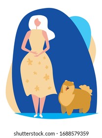 Pomeranian Spitz and the hostess in a flowered dress spend time together. Baby vector stock illustration as a concept of a pet looking like a person or young girl or woman