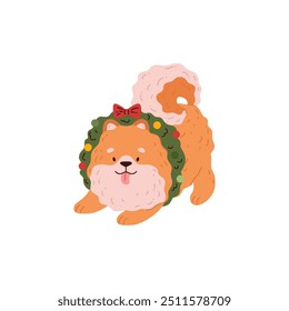 Spitz da Pomerânia com uma coroa verde de Ano Novo, bolas e um arco vermelho. Rosto feliz. Filhotinho fofo. Bicho fofo. Estilo de desenho animado. Clipart. Ilustração vetorial isolada sobre fundo branco.