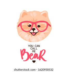 Pomeranian Spitz puppy with glasses isolated on white background. Smiling portrait of cute Pom puppy. Small German spitz. Little dog. Vector stock illustration in cartoon style. You can call me bear.