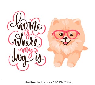 Pomeranian Spitz puppy with glasses isolated on white background. Small German spitz. Little smile dog vector stock illustration. Cute fluffy pet. Domestic animal in cartoon style and positive quote.