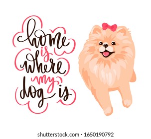 Pomeranian Spitz puppy and lettering phrase. Cute Pom puppy with bow and positive quote. Fluffy pet in cartoon style isolated on white. Vector stock illustration. Home is where my dog is.