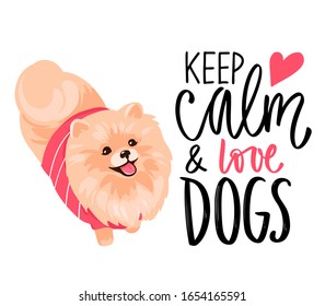 Pomeranian Spitz puppy and lettering phrase. Smiling face of cute Pom puppy and positive quote. Fluffy pet in cartoon style isolated on white. Vector stock illustration. Keep calm and love dogs.