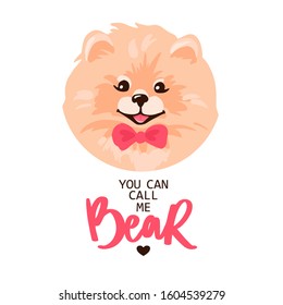 Pomeranian Spitz puppy portrait isolated on white background. Smiling face of cute Pom puppy. Small German spitz. Little dog with bow. Vector stock illustration in cartoon style. You can call me bear.