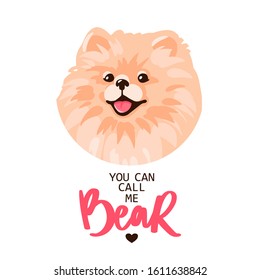 Pomeranian Spitz puppy portrait isolated on white background. Smiling face of cute Pom puppy. Small German spitz. Little dog with bow. Vector stock illustration in cartoon style. You can call me bear.