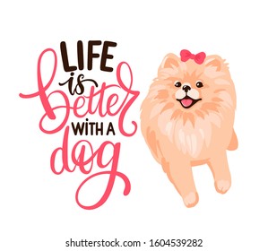 Pomeranian Spitz puppy and quote - Life is better with a dog. Smiling face of cute Pom puppy and positive phrase. Fluffy pet in cartoon style isolated on white background. . Vector stock illustration.