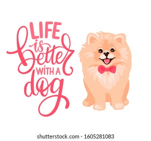 Pomeranian Spitz puppy and quote - Life is better with a dog. Smiling face of cute Pom puppy and positive phrase. Fluffy pet in cartoon style isolated on white background. . Vector stock illustration.