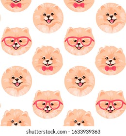 Pomeranian Spitz puppy seamless pattern. Small German spitz all over print background. Little smile dog vector stock illustration. Domestic animal in cartoon style repeat design.