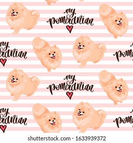 Pomeranian Spitz puppy seamless pattern. Small German spitz all over print background. Little smile dog vector stock illustration. Domestic animal in cartoon style repeat design.