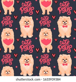 Pomeranian Spitz puppy seamless pattern. Small German spitz all over print background. Little smile dog vector stock illustration. Domestic animal in cartoon style repeat design.