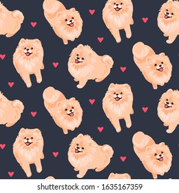 Pomeranian Spitz puppy seamless pattern. Small German spitz all over print background. Little smile dog vector stock illustration. Domestic animal in cartoon style repeat design.