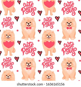 Pomeranian Spitz puppy seamless pattern. Small German spitz all over print background. Little smile dog vector stock illustration. Domestic animal in cartoon style repeat design.