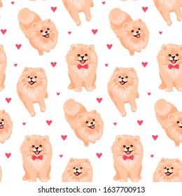 Pomeranian Spitz puppy seamless pattern. Small German spitz all over print background. Little smile dog vector stock illustration. Domestic animal in cartoon style repeat design.