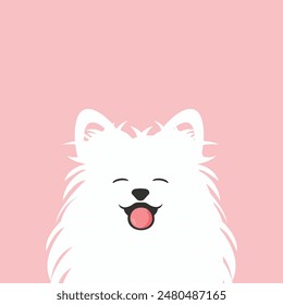 Cachorro Spitz de Pomerania. Hocico sonriente de un lindo cachorro blanco esponjoso. El pequeño alemán Spitz. Vector en estilo de dibujos animados. 