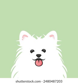 Cachorro Spitz de Pomerania. Sonriente bozal de lindo cachorro blanco esponjoso. El alemán Spitz. Vector en estilo de dibujos animados.