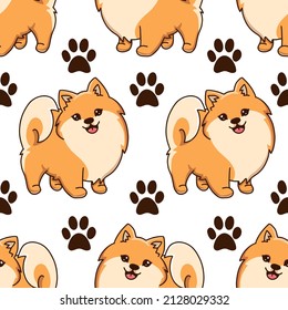 Pomeranian spitz seamless pattern. Cute dog in cartoon style isolated on white background. Paw prints of animals, dogs. Pattern with cute pomeranian dog.  Vector background with hand drawn puppies.