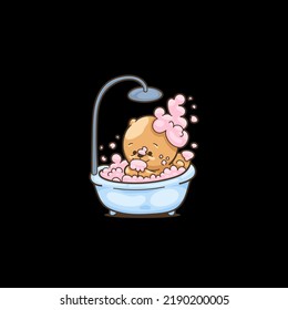 Pomeranian Spitz in the Shower in Kawaii Style, Cute Cartoon Character