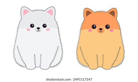 Pomeranian Spitz sitting dog set. Orange White puppy face line contour silhouette icon. Cute kawaii cartoon funny character. Doodle animal pet icon. Adopt. Flat design White background Isolated Vector