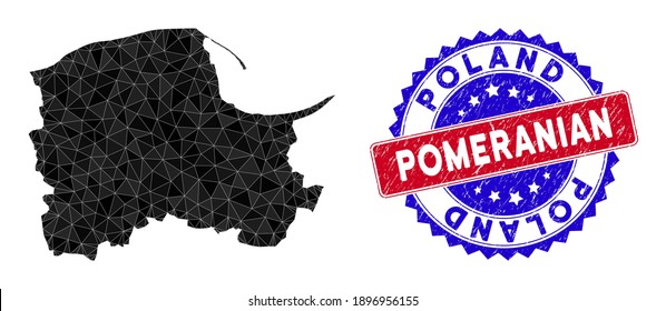 Pomeranian Voivodeship map polygonal mesh with filled triangles, and textured bicolor stamp. Triangle mosaic Pomeranian Voivodeship map with mesh vector model, triangles have randomized sizes,