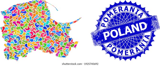 Pomeranian Voivodeship map vector image. Spot pattern map and distressed stamp seal for Pomeranian Voivodeship. Sharp rosette blue stamp seal with tag for Pomeranian Voivodeship map.