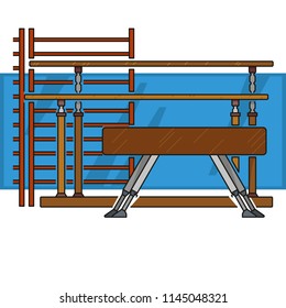 Pommel Horse, Parallel Bars and Swedish Staircase, Wooden Ladder. Gymnastic Equipment. Vector, Illustration