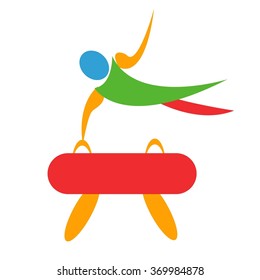 Pommel horse pictogram in blue, red, green and yellow summer color