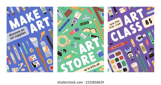 Los volantes de Pomo están destinados a la tienda de arte, a la tienda, a la clase de pintura. Diseño de afiches publicitarios para cursos creativos. Plantillas de banner publicitario con pinturas, pinceles, lápices, artistas de papel. Ilustraciones vectoriales planas