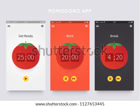 Pomodoro technique. App ui design template with pomodoro clock. Time management. Vector illustartion