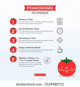 Técnica de Pomodoro Como ser produtivo com 5 etapas em um layout de proporção de 1:1 para feeds de apresentação, livreto e mídias sociais.