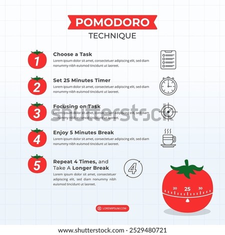 Pomodoro Technique How to Be Productive with 5 Steps on a 1:1 ratio layout for Presentation, Booklet, and Social Media Feeds.