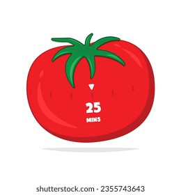 pomodoro technique, Kitchen clock in  red tomato. Increase work productivity. 25mins work 5mins rest. Vector illustration cartoon flat style.  