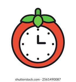 Pomodoro timer clock icon. Business, countdown, deadline, task management, productivity, work, schedule concepts. Colored outline vector design isolated illustration.