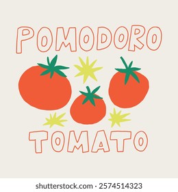 Pomodoro Tomato with Stars Print. Cherry Tomatoes Vegetable. Hand Drawn Vector Illustration