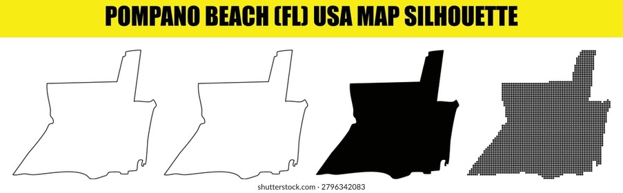 Pompano Beach, Florida, USA map silhouette presented in four styles: outline, filled, and dotted. Ideal for travel and local area visuals.