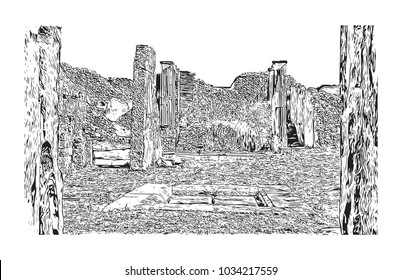 Pompeii is a vast archaeological site in southern Italy’s Campania region, near the coast of the Bay of Naples. Hand drawn sketch illustration in vector.