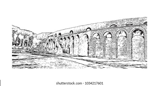 Pompeii is a vast archaeological site in southern Italy’s Campania region, near the coast of the Bay of Naples. Hand drawn sketch illustration in vector.