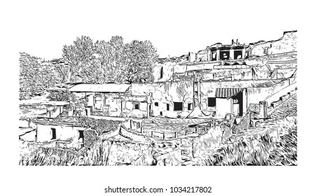 Pompeii is a vast archaeological site in southern Italy’s Campania region, near the coast of the Bay of Naples. Hand drawn sketch illustration in vector.