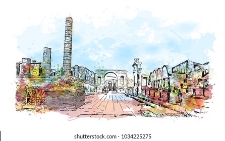 Pompeii is a vast archaeological site in southern Italy’s Campania region, near the coast of the Bay of Naples. Watercolor splash with hand drawn sketch illustration in vector.