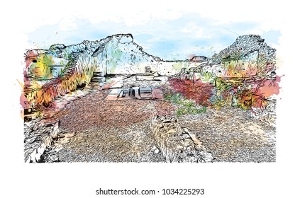 Pompeii is a vast archaeological site in southern Italy’s Campania region, near the coast of the Bay of Naples. Watercolor splash with hand drawn sketch illustration in vector.