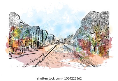 Pompeii is a vast archaeological site in southern Italy’s Campania region, near the coast of the Bay of Naples. Watercolor splash with hand drawn sketch illustration in vector.