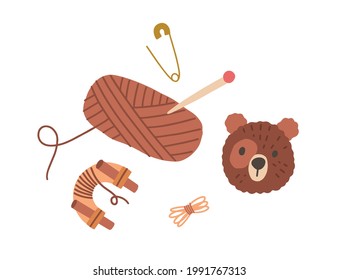 Pompom animal toy, yarn skein, threads and pins. Making pom-pom bear. Composition with handwork and handicraft accessories. Colored flat vector illustration isolated on white background