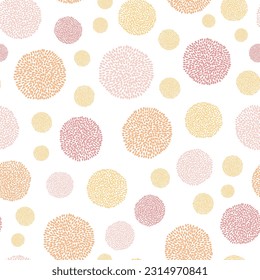 Pompom vector pattern in pastel colors, oragne, red, pink, perfect for wallpaper or fabric, soft gentle seamlesss polka dot pattern.