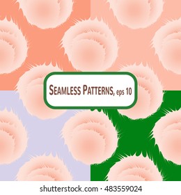 POM-poms apricote on a orange, purple, green background. Vector. Illustration. Seamless pattern. Fabric. Packing. Set.