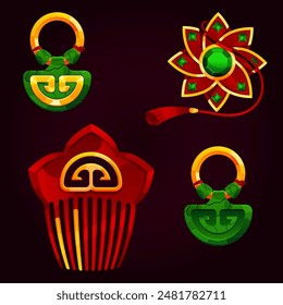 pompon; cord; illustration; vector; graphic; ethnic; medallion; brooch; comb; pendant; ring; design; green; clipart; brown; amulet; oriental; achievement; gold; gemstone;  