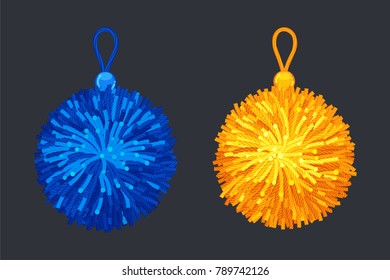 pompon soft balls. vector illustration of a blue and yellow pendant